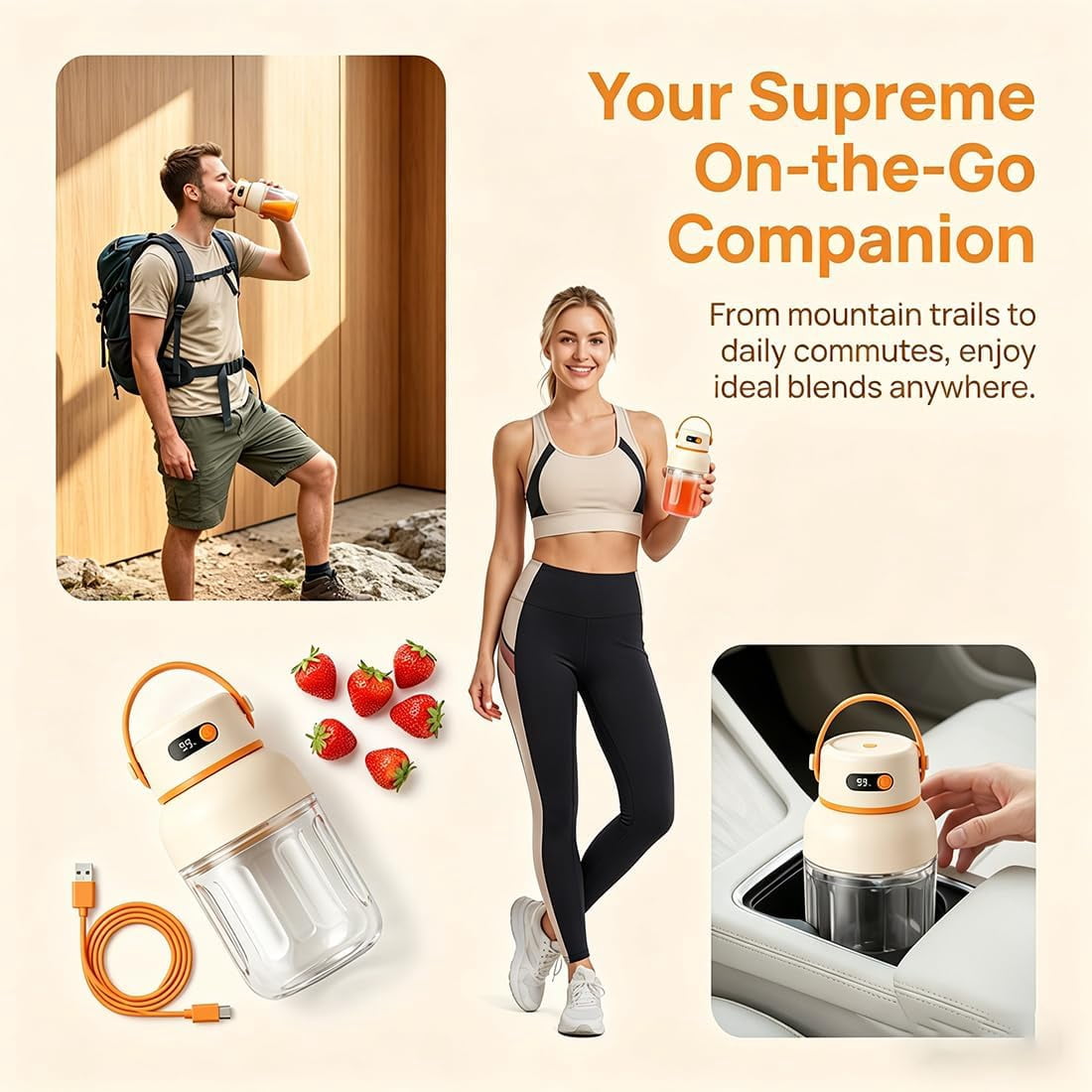 Portable Electric Juicer Cup with Zero Cord Hassle, Digital Display Portable Juicer Blender with 36 Stainless Steel Blades, USB-C Rechargeable Fruit Blender Cup for Travel, Gym, Office(1000ML)