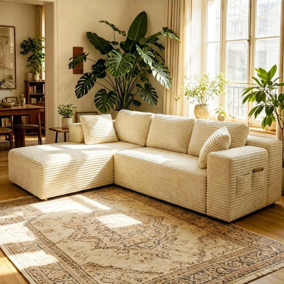 Cloud Couch, 3 Seaters Sofa for Living Room, Double Layer Cushion Cream Couch with Deep Seat & 2 Armrest Pillows for Apartment Office, Corduroy Fabric, Beige