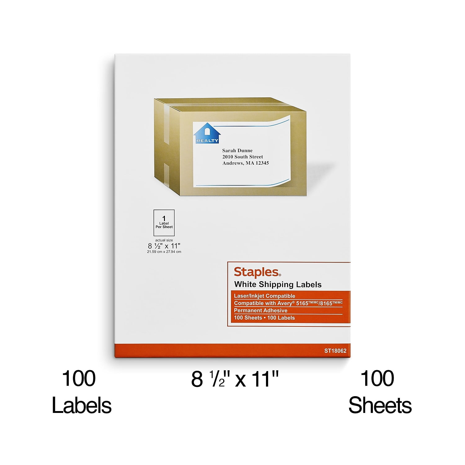 Staples Laser/Inkjet Shipping Labels 8 1/2" x 11" White 1 Label/Sheet 518346