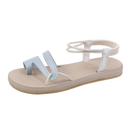 

Cathalem Ladies Fashion Color Blocking Leather Flat Bottom Cover Toe Straw Woven Bottom Elastic Belt Sandals Grey 37