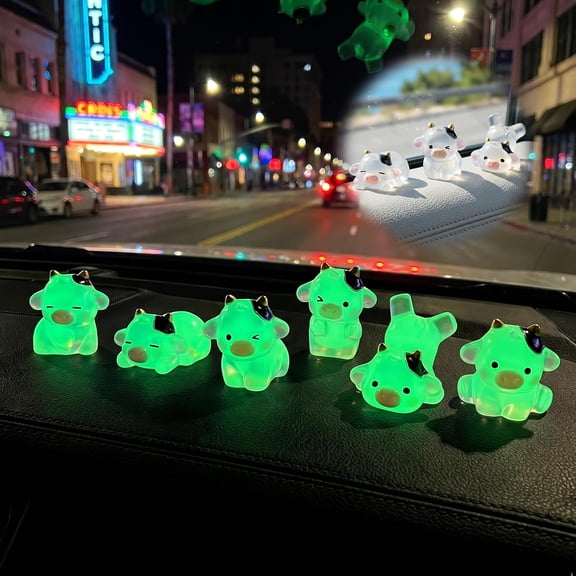 RIONIMA 6 Pcs Luminous Cow Car Dashboard Decorations -Mini Resin Animal Cute Car Decor,Cow Pattern Car Interior Accessories,Console&Rear View Mirror Ornaments,Gift for Women&Girls