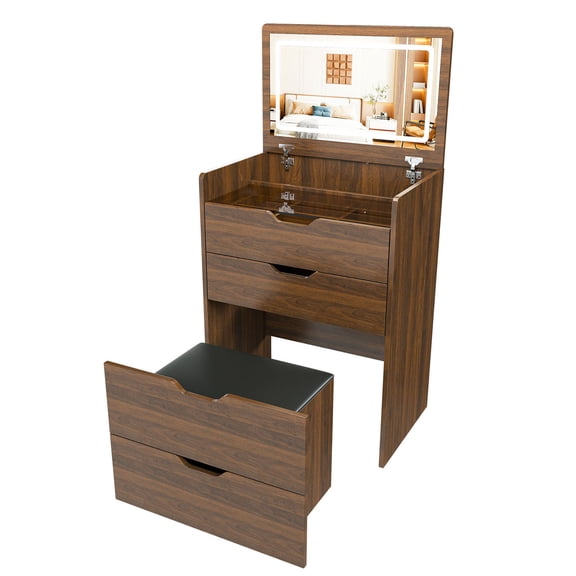 S-HOME Flip Top Makeup Dressing Table with Adjustable LED Lighting & Stool, Walnut MDF, Multi-functional 23.62” Size for Small Spaces