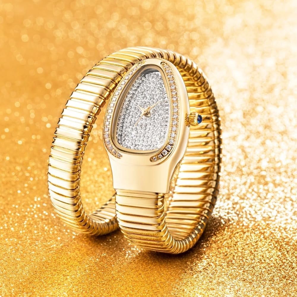 Gold Snake Women Watch Full Steel Quartz Wristwatches Hip Hop Bracelet Watch