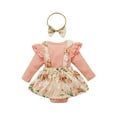 thumbnail image 2 of Baby Girl Cute Outfit Long Sleeve Ruffle Romper Floral Suspenders Shorts Set with Headband, 2 of 6