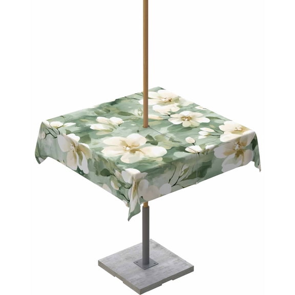 Fsddascl Sage Green Spring Floral Outdoor Tablecloth - 54x54 Inch Square Dining Table Cover, Summer Botanical Farmhouse Waterproof Outdoor Table Cloth with Umbrella Hole & Zipper for Picnic/Patio