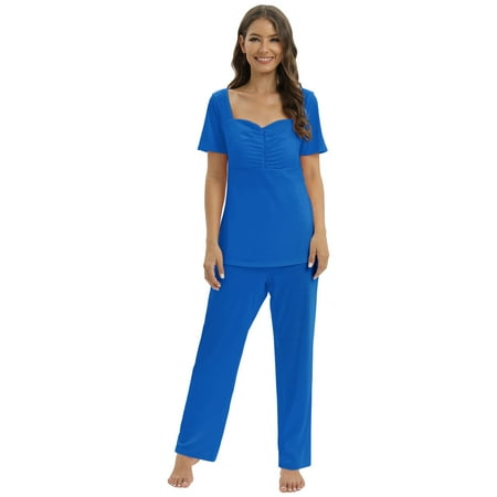 

Xmarks Women s Maternity Nursing Pajama Set Breastfeeding Sleepwear Set Double Layer Short Sleeve Top & Pants Pregnancy PJS with Adjustable Waist Bnad Blue US 8