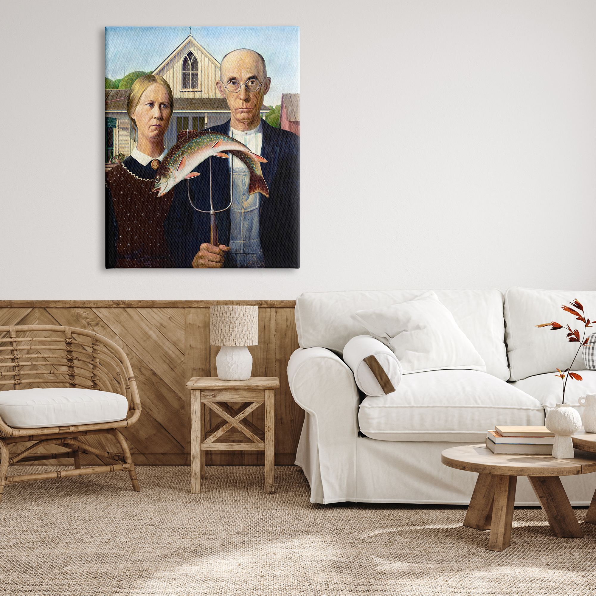Stupell Industries American Gothic with Fish Animals & Insects Painting Gallery Wrapped Canvas Print Wall Art, 36 x 48