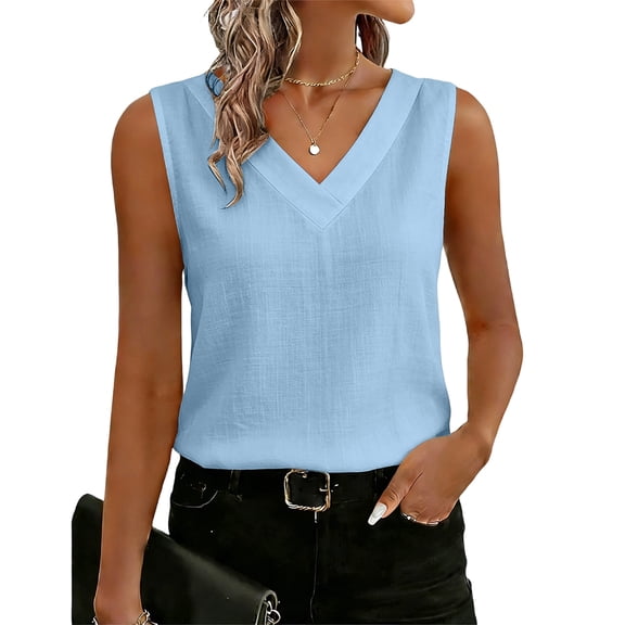 Women's Cotton Linen Tank Tops Loose V Neck Sleeveless Shirts Summer Light Blue M