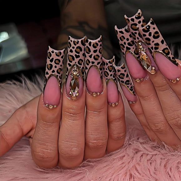 Print on Nails IMRAIN, estampado de leopardo, cuadrado, 24 unidades, con pegamento