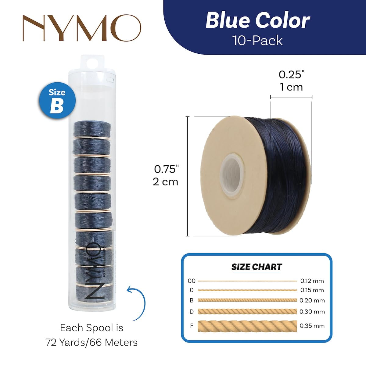 The Beadsmith Nymo Thread – 10-Pack Blue Color – Size B, .20mm Diameter, 72 Yard/66 Meter Spool – Made of Nylon – Bead Embroidery & Weaving, Off Loom & Loom Work and DIY Craft Projects