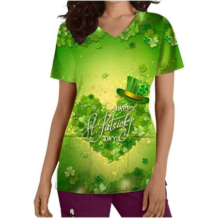 

YWDJ St Patrick s Day Womens Scrub Tops Casual Plus Size Clover Print with V Neck Short Sleeve Army Green XL