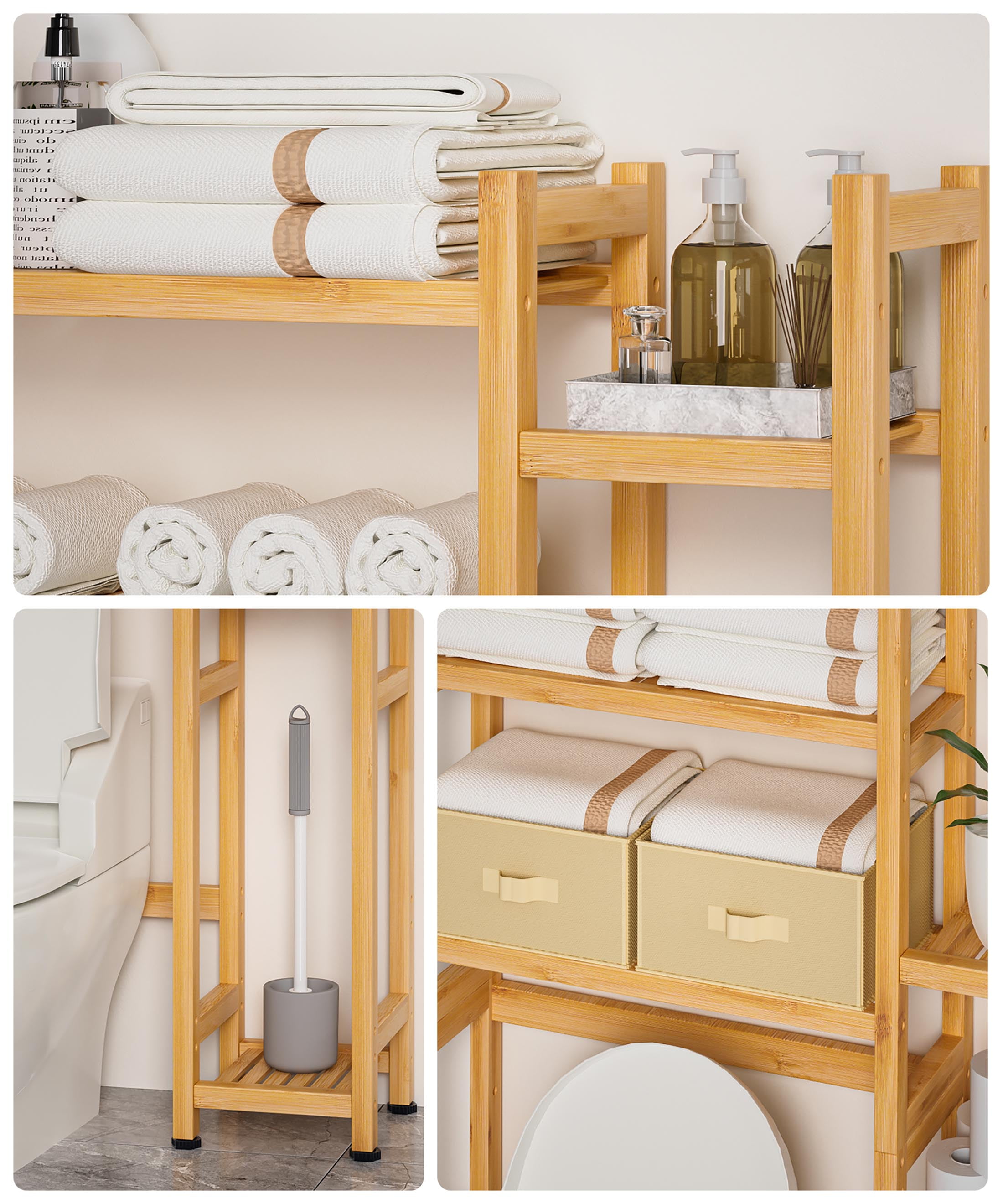 Enogets Over the Toilet Storage, Bamboo Bathroom Organizer with Adjustable Rack, Basket, Drawer & Waterproof feet