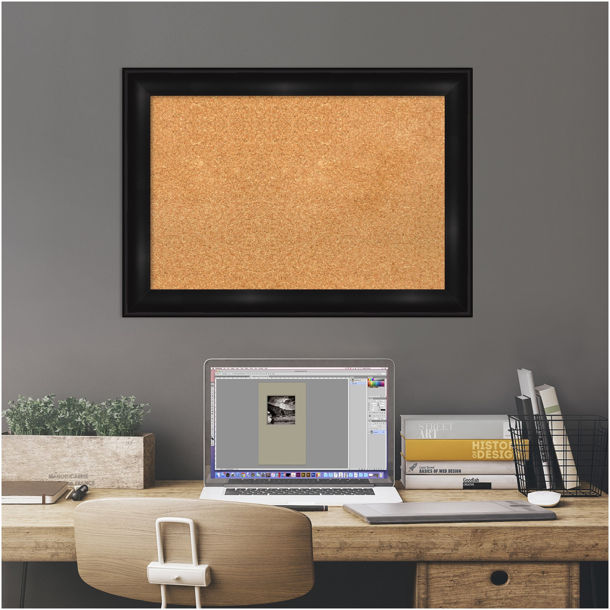 Amanti Art Natural Cork Board Framed Grand Black Narrow Bulletin Board 28 in. x 20 in.