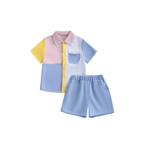 WIFORNT Kids Boys Summer Clothes Contrast Color Short Sleeve Turn-Down Collar Shirts Tops and Solid Color Shorts 2Pcs Suit