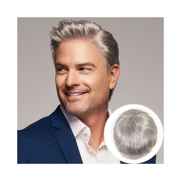 Men's Toupee Straight Human Hair System #580 Gray Breathable Mono and PU Skin Male Hair Prosthesis