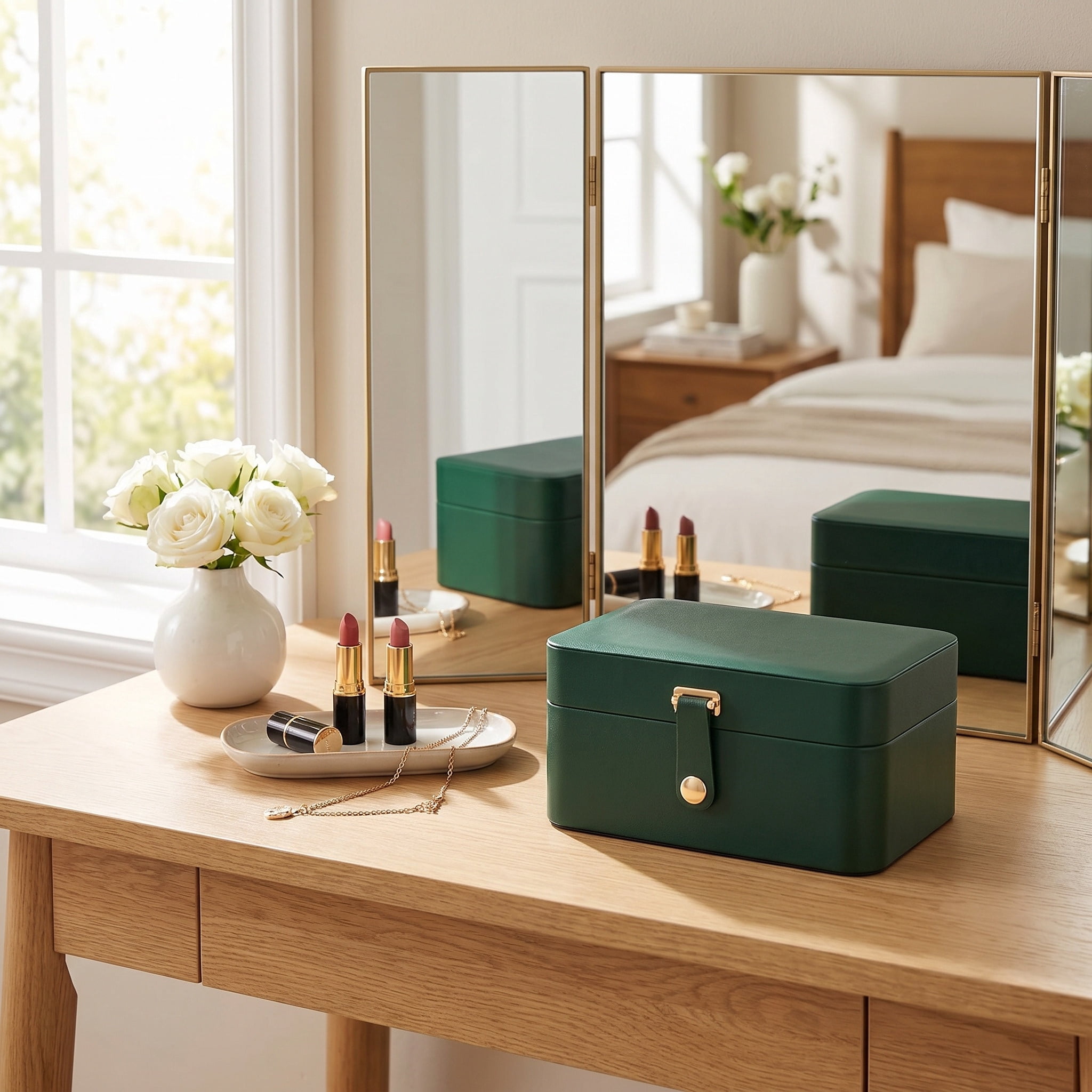 Nordic Hygge 2-Layer Portable Travel Jewelry Case, Retro Green Luxe Organizer