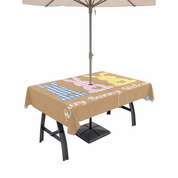 Outdoor Tablecloth with Umbrella Hole and Zipper, Khaki Easter Rectangle Table Cloth 52x70 Inch Waterproof Tablecloth, Pink Yellow Blue Bunny Plaid Vintage Rustic Picnic Table Cover for Patio Camping