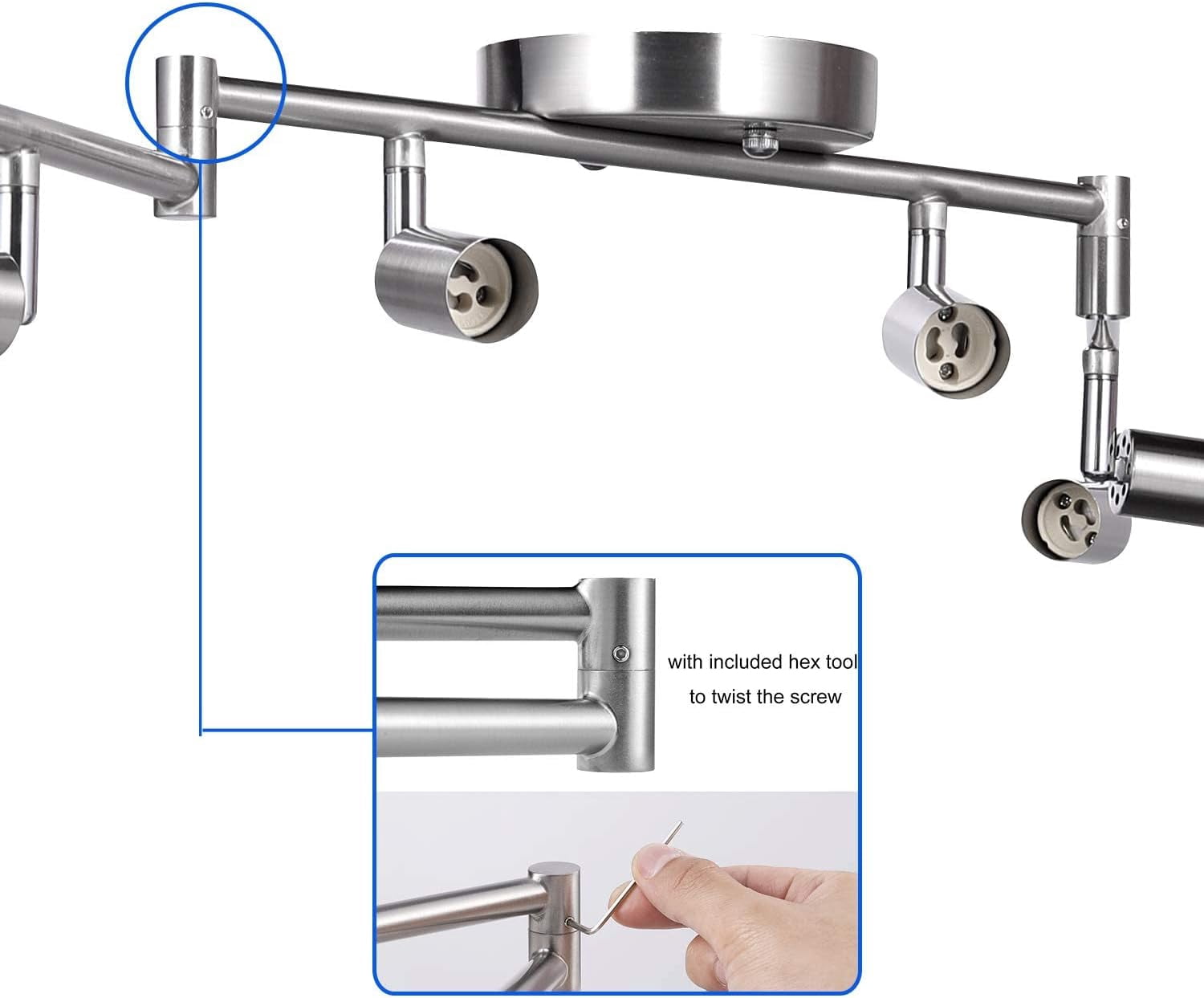 Rotatable LED Ceiling Light with 6 Way Spot Lights - Flexible Nickel Finish Ceiling Lights for Bedroom and Living Room, Protective Bulb Trims (GU10 Bulbs Not Included)