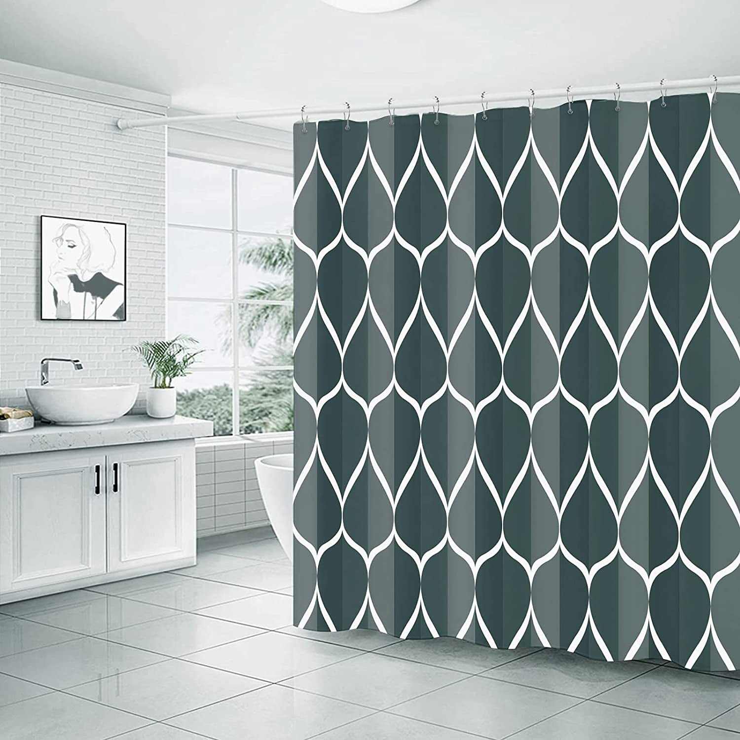 Black Dark Green Geometric Shower Curtain,Waterproof Design and Polyester,Quick-Drying,Weighted Hem,Black Green Shower Curtains Set for Bathroom W 72 x H 72,Durable and Washable with 12 Hooks