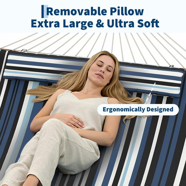 Outdoor Hammock with Stand – 2 Person Cotton Rope with Polyester Pad – Adjustable Steel Frame, 2-in-1 – for Patio, Backyard, Garden & Beach – Dark & Light Blue Stripes
