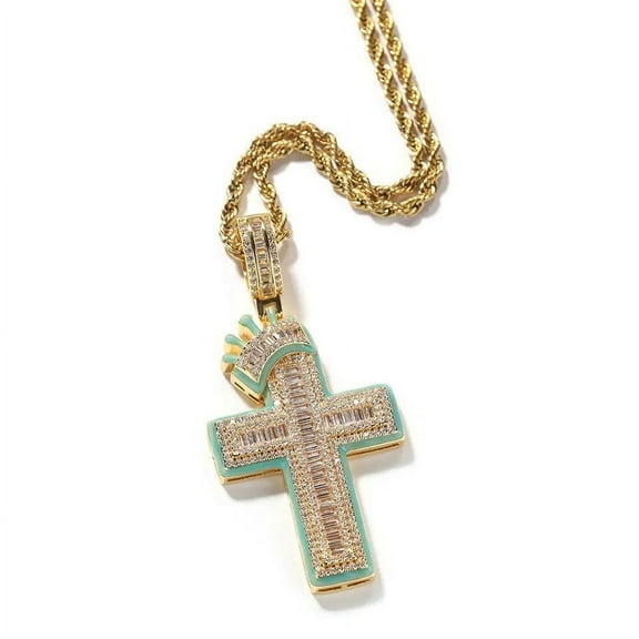 14K Gold Over Finish Simulated Diamond Iced Out Holy Jesus Christ Crucifix Crown Cross Custom Charm Pendant Necklace, Glow in the Dark, Gift