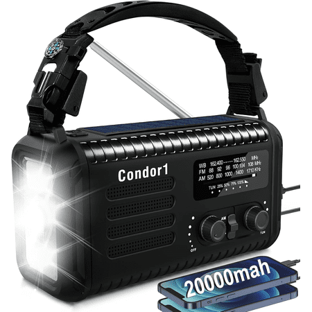 20,000 mAh Surivalist Radio with AM/FM/SW/NOAA, 120dB alarm, Compass, Fire Starter, Knife (BLACK)