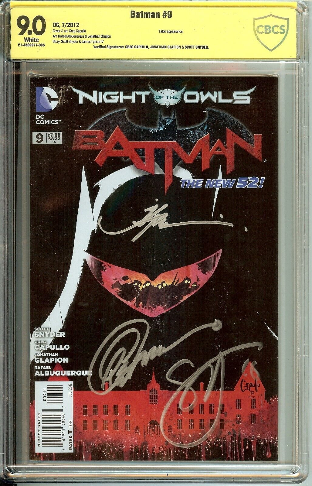 Batman #9 CBCS 9.0 Signed by Scott Snyder, Greg Capullo & Jonathan Glapion