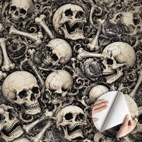 Gothic Skull Floral Wallpaper Vintage Aesthetic Peel and Stick Wallpaper Waterproof Contact Paper for Home Decor Removable Wall Decoration for Bedroom Living Room Drawer Shelf 17.7 * 78.5 in