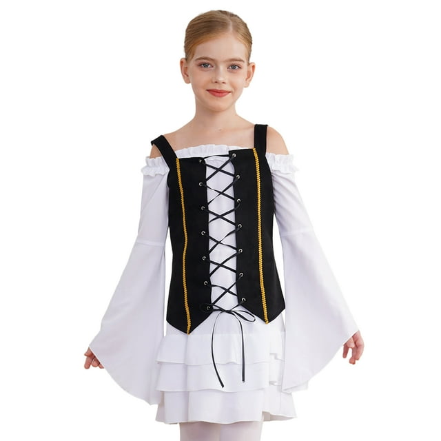 inhzoy Robe Médiévale pour Filles Gothique Steampunk Renaissance Halloween Fête Fantaisie Blanche Noire 6