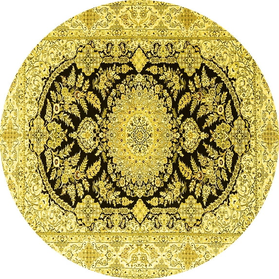 Ahgly Company Machine Washable Indoor Round Medallion Yellow Traditional Area Rugs, 6' Round