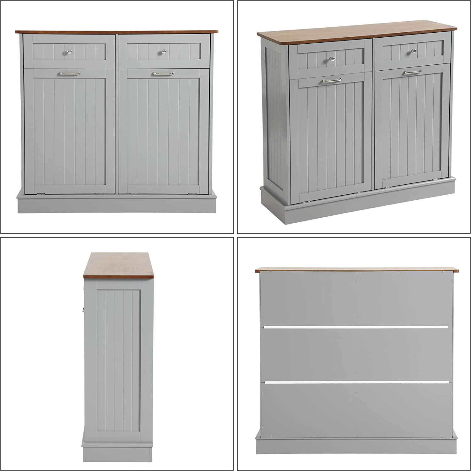 KIGOTY Dual Kitchen Trash Cabinet, Double Tilt Out Trash Can Cabinet with Countertop and Drawer, Free-Standing Pet Proof Recycling Cabinet Garbage Can Holder (Grey)
