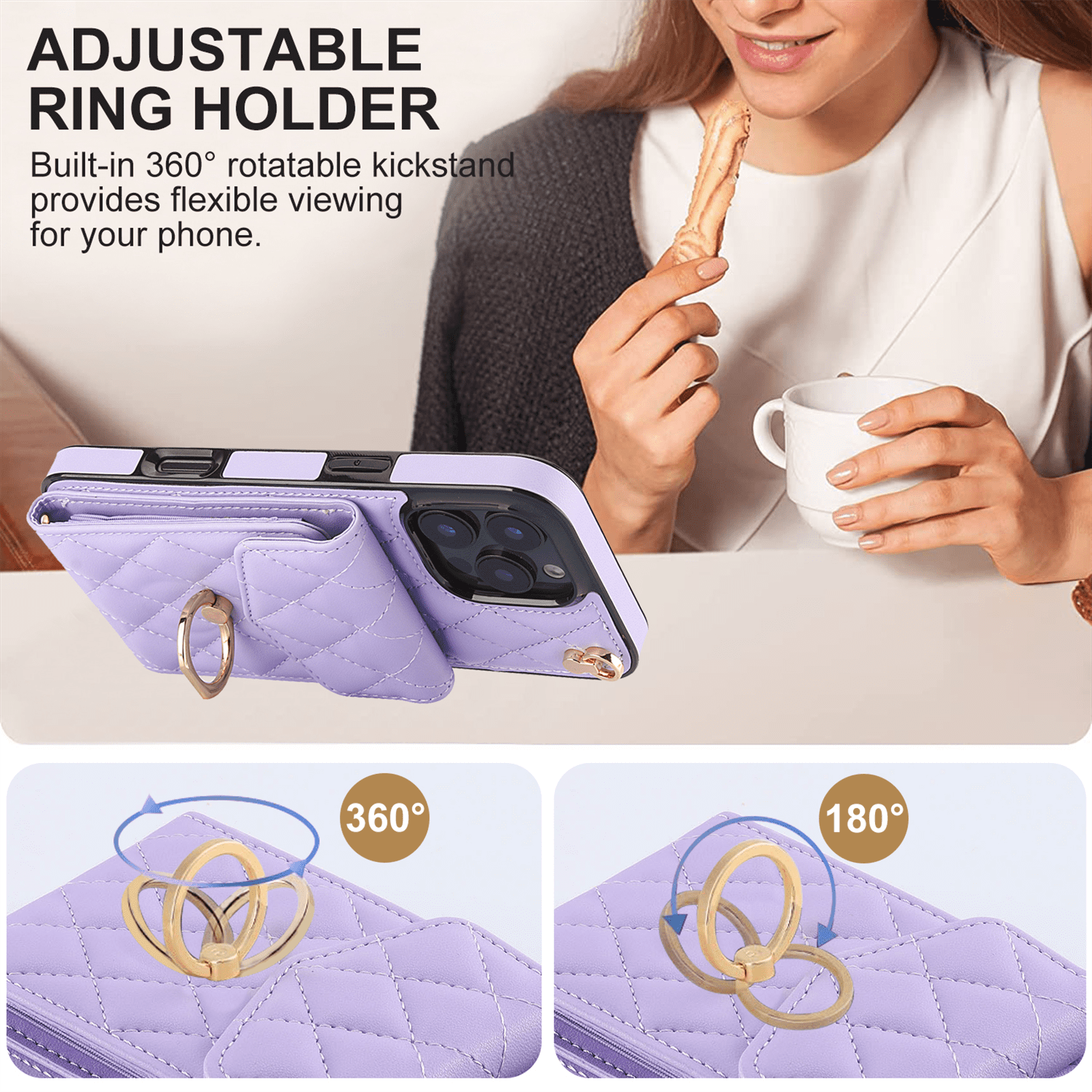 Asuwish Wallet RFID Blocking PU Leather Cell Phone Case with Tempered Glass Screen Protector, Wrist Strap for iPhone 16 Pro Max, Purple