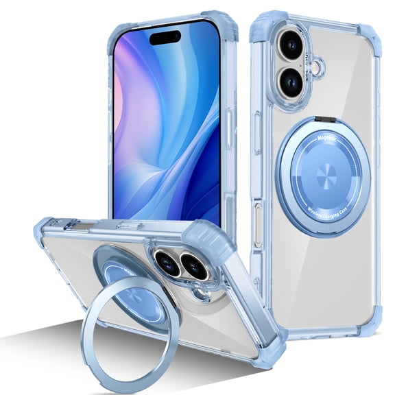 Magnetic Ring Case for iPhone 17, Built-in Metal Stand 360 Rotation Ring Holder Compatible with MagSafe, Crystal Clear Military Grade Heavy Duty Drop Protection Cover, Blue
