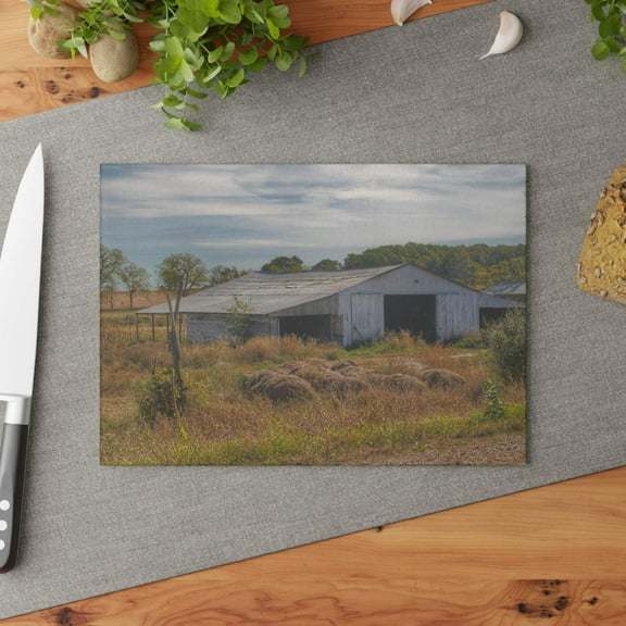 U R There Photography Hurd Corners Road Grey Shack Rustic Farmhouse Tempered-Glass Cutting Board 8"x 11"
