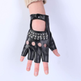 thumbnail image 2 of Women Punk Rivets Belt Up Half Finger Pu Leather Performance Gloves, 2 of 5
