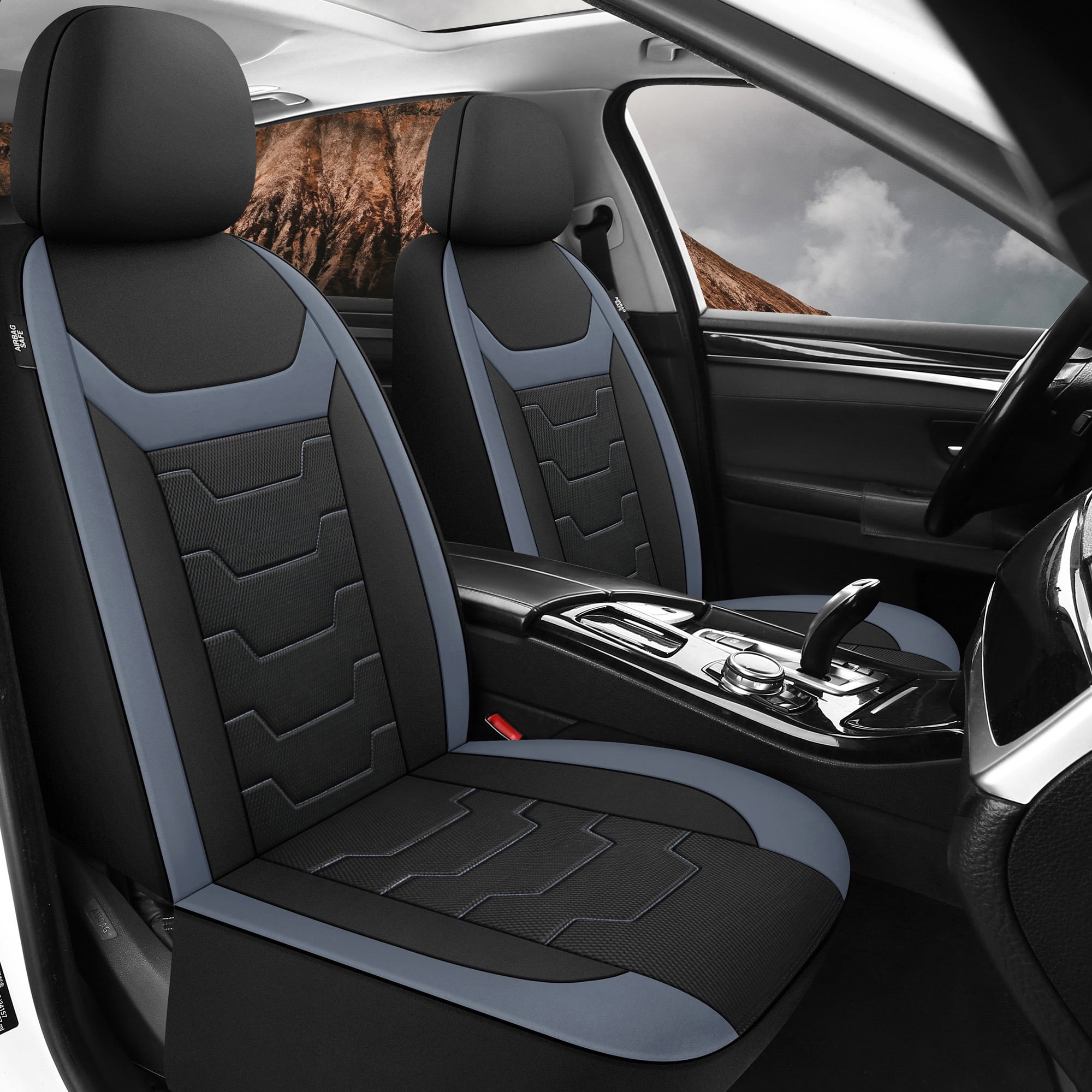 Caromop Universal Fit Car Seat Covers,3D Air Mesh Breathable Front Seat Protectors for Most Cars,SUVs,Trucks with Split Bench,Machine Washable,Airbag Safe(Black/Gray)