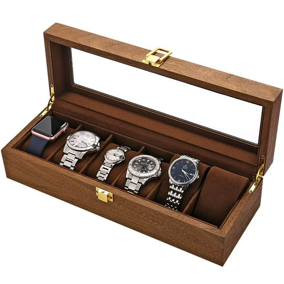LESTAR Watch Box, Executive 6 Slots Watch Case with Valet, Glass Topped Wooden Watch Display Case Watch Organizer, Jewelry Storage Case