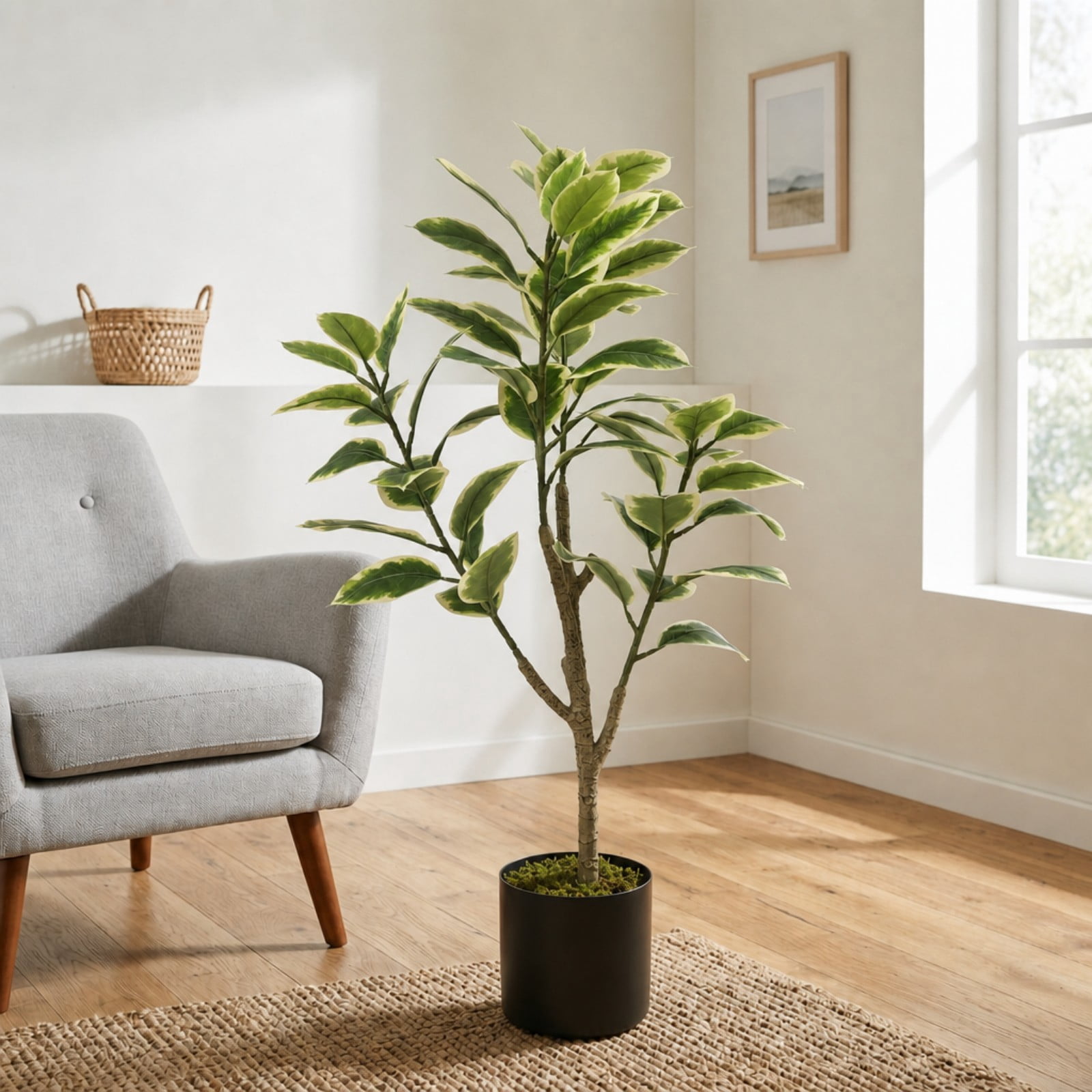 BEAUTYPEAK 4.9FT Artificial Plant Fake Indoor Rubber Tree Decorative Outdoor Greenery in Black Pot
