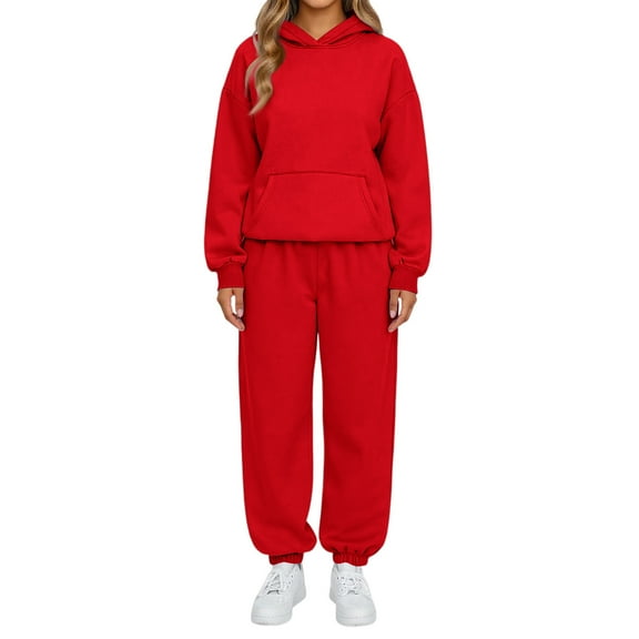 Nokdvo Sweat Outfits for Women 2 Pieces Plus Size Long Sleeve Casual Hoodie Sweatsuit Ribbed Sweatsuit Tracksuit with Pockets,Red XL