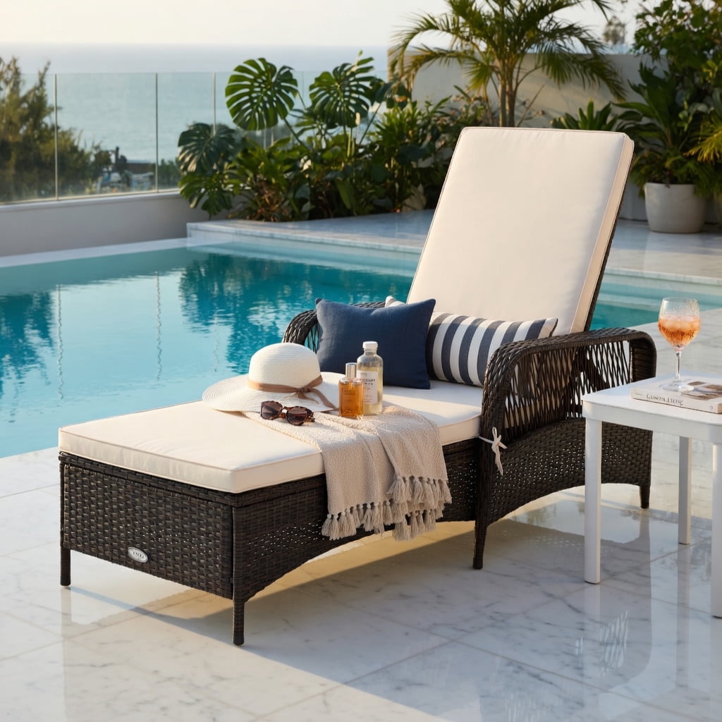 Hommoo Adjustable PE Rattan Chaise Lounge Chair with Cushion & Lumbar Pillow, Outdoor Patio Recliner for Poolside, Balcony, Lawn, Off White