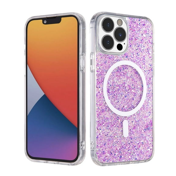 For Apple iPhone 14 Pro (6.1") Full Glitter Bling Sparkly Hybrid Hard PC TPU Shockproof Compatible with MagSafe Charger Case Cover fit iPhone 14 Pro - Purple