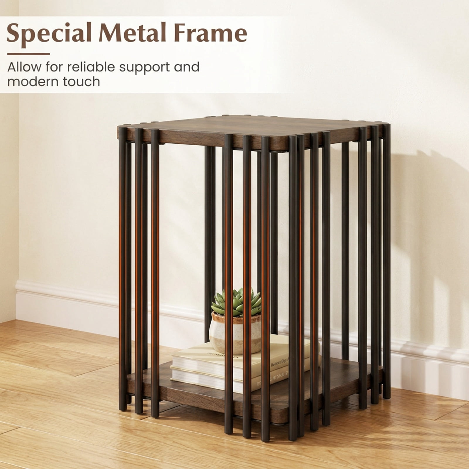 Furnibear Rubber Wood Side Table Set of 2 with 2 Layer Storage Shelves and Black Metal Frame for Living Room Bedroom and Sofa Side Storage, Walnut