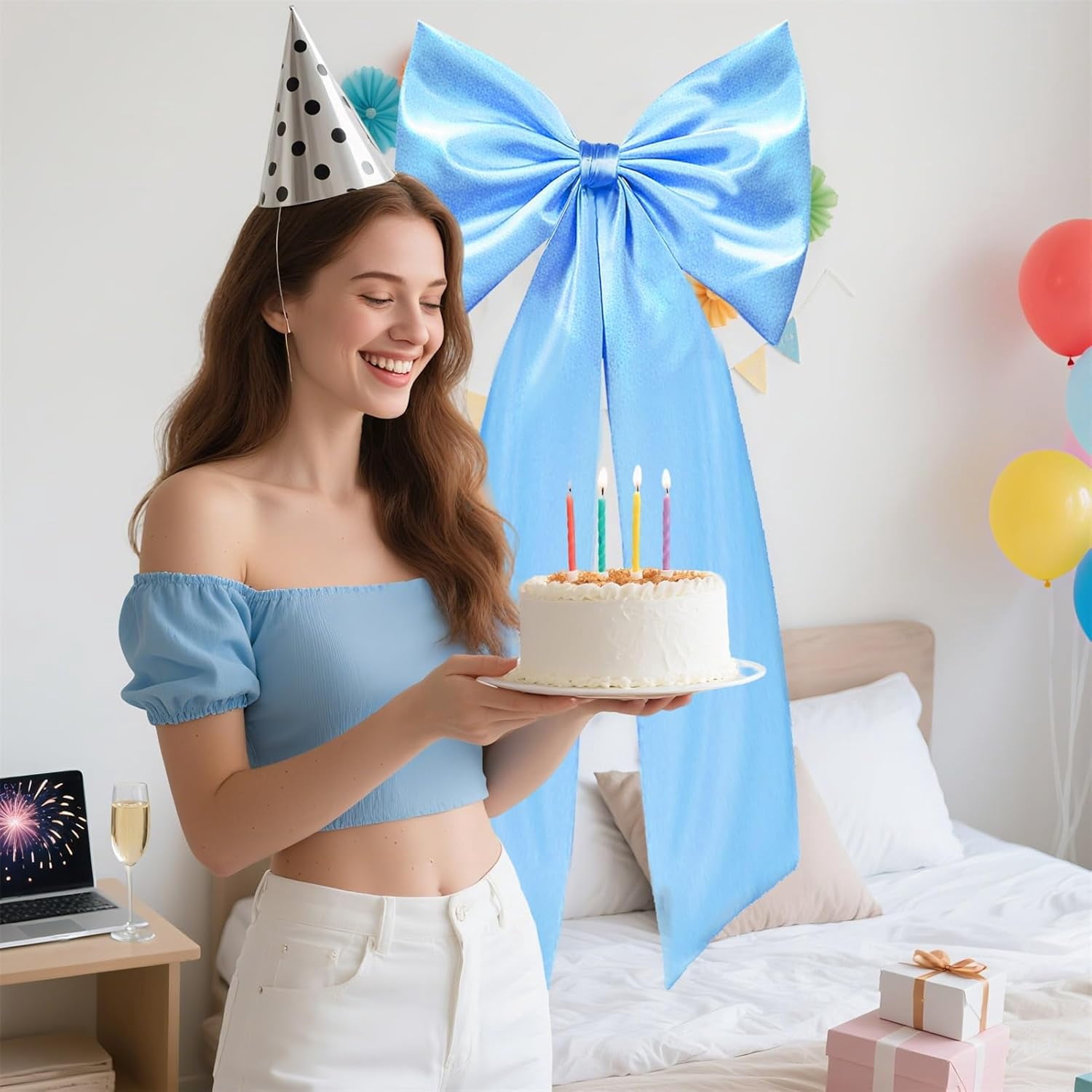 Coquette Large Satin Bow, 24 x 42 Inches, Blue Giant Bow Ribbon Tie for Coquette Room Decor, Birthday Party Backdrop Wall Decoration (Blue)