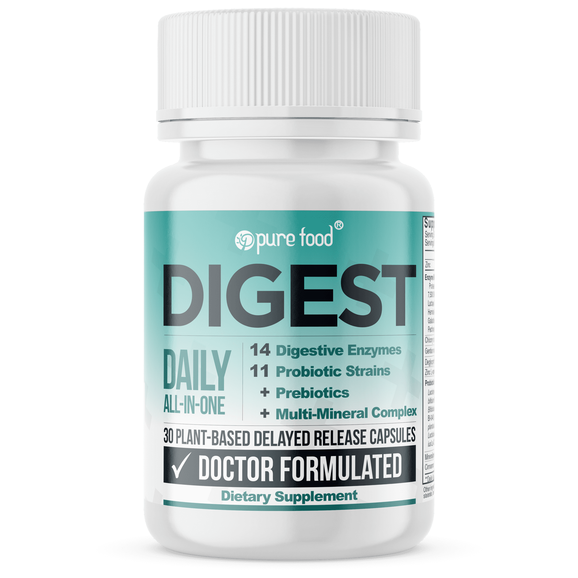 Pure Food Digest | 14 Digestive Enzymes Plus 11 Probiotics, Prebiotics & Soothing Herbs | Support Gut Health Naturally | Doctor Formulated, Vegan | 30 Plant-Based Capsules
