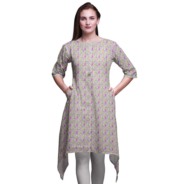 Bimba Kurti Asymétrique Gris à Imprimé Floral Feuilles et Orchidées pour Femmes Robe d'Été Indienne Tunique XX-Grand
