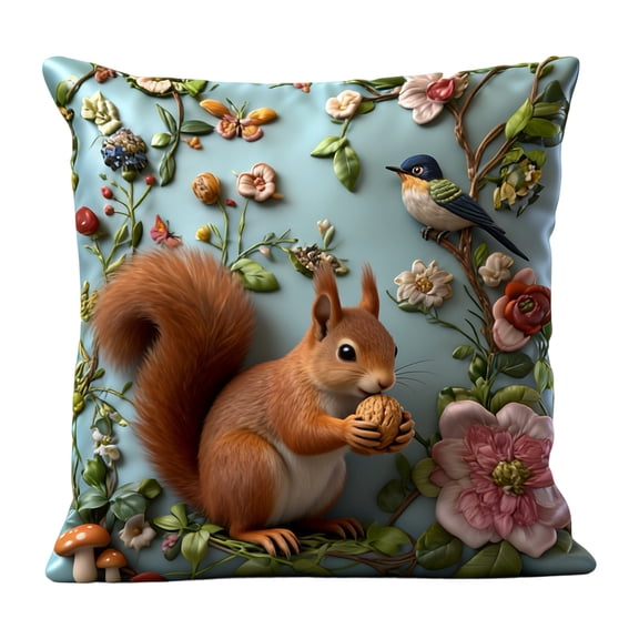 Embroidered Easter Pillow Cover with Acorns and Squirrel 18x18 Inch, Spring Decorative Throw Cushion for Sofa or Bedroom Couch Easter Holiday