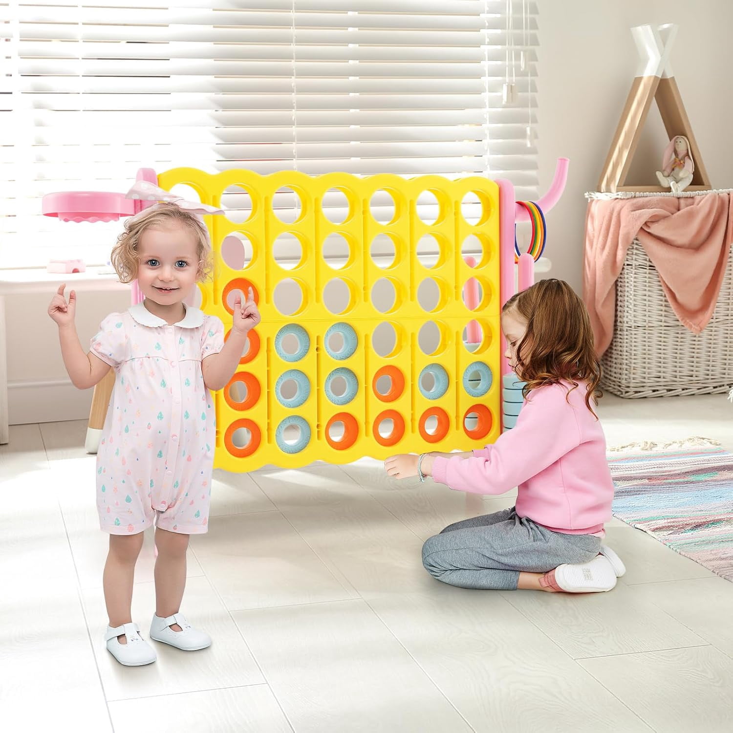 HJTER Jumbo 4-to-Score Giant Game Set for Kids & Adults, 2.5Ft Indoor Outdoor Game with Basketball Hoop, Ring Game, 42 Jumbo Rings, Quick-Release Slider, Perfect for Birth & Holiday Party