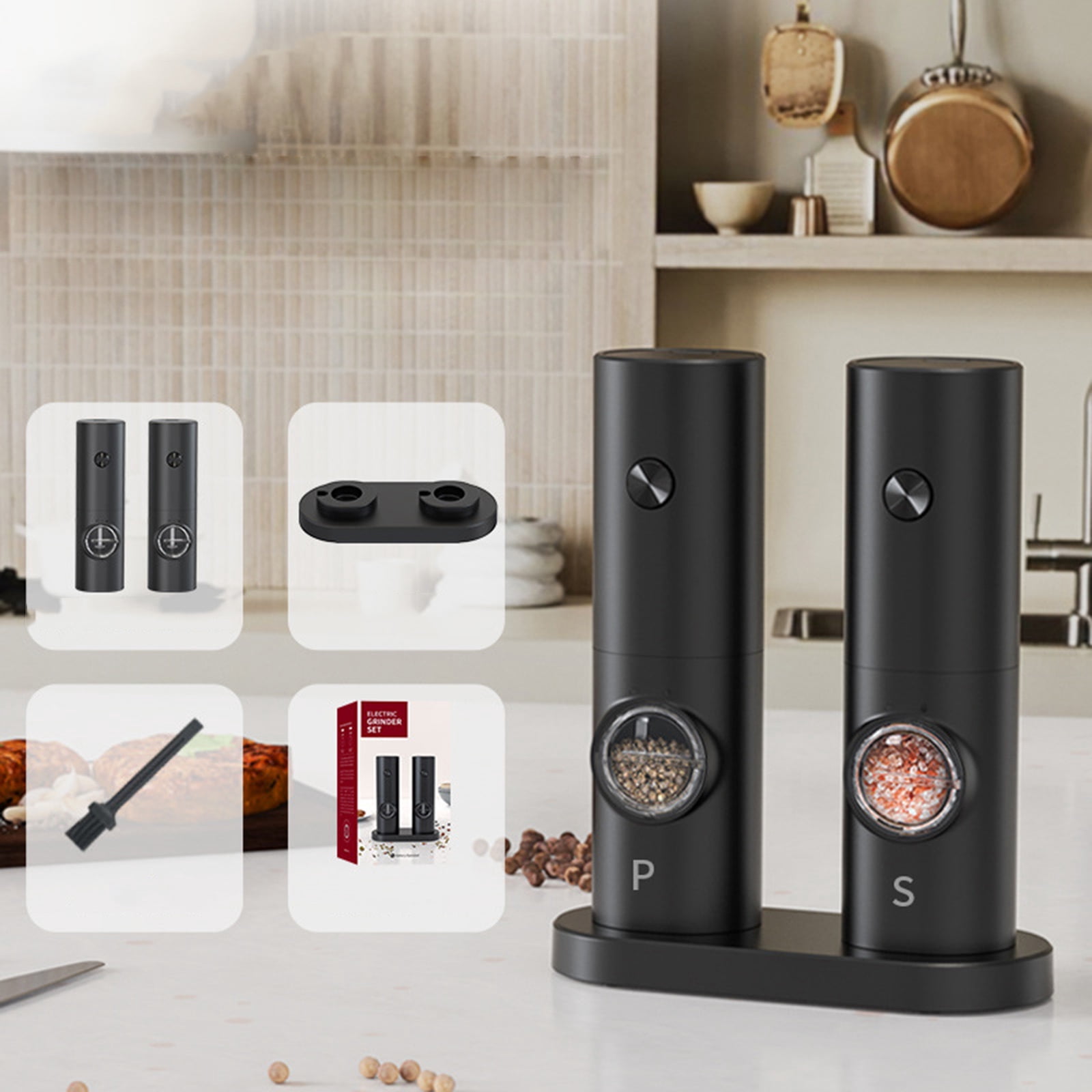 2 Pcs/set Electric Salt and Pepper Grinder Battery-Powered Automatic Salt and Pepper Mill with LED Light