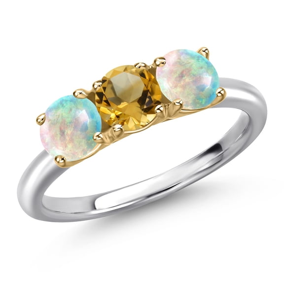 Gem Stone King 925 Silver and 10K Yellow Gold Yellow Citrine and Simulated White Opal Engagement Ring for Women | 1.45 Cttw | Round 5MM | Gemstone November Birthstone | Size 7