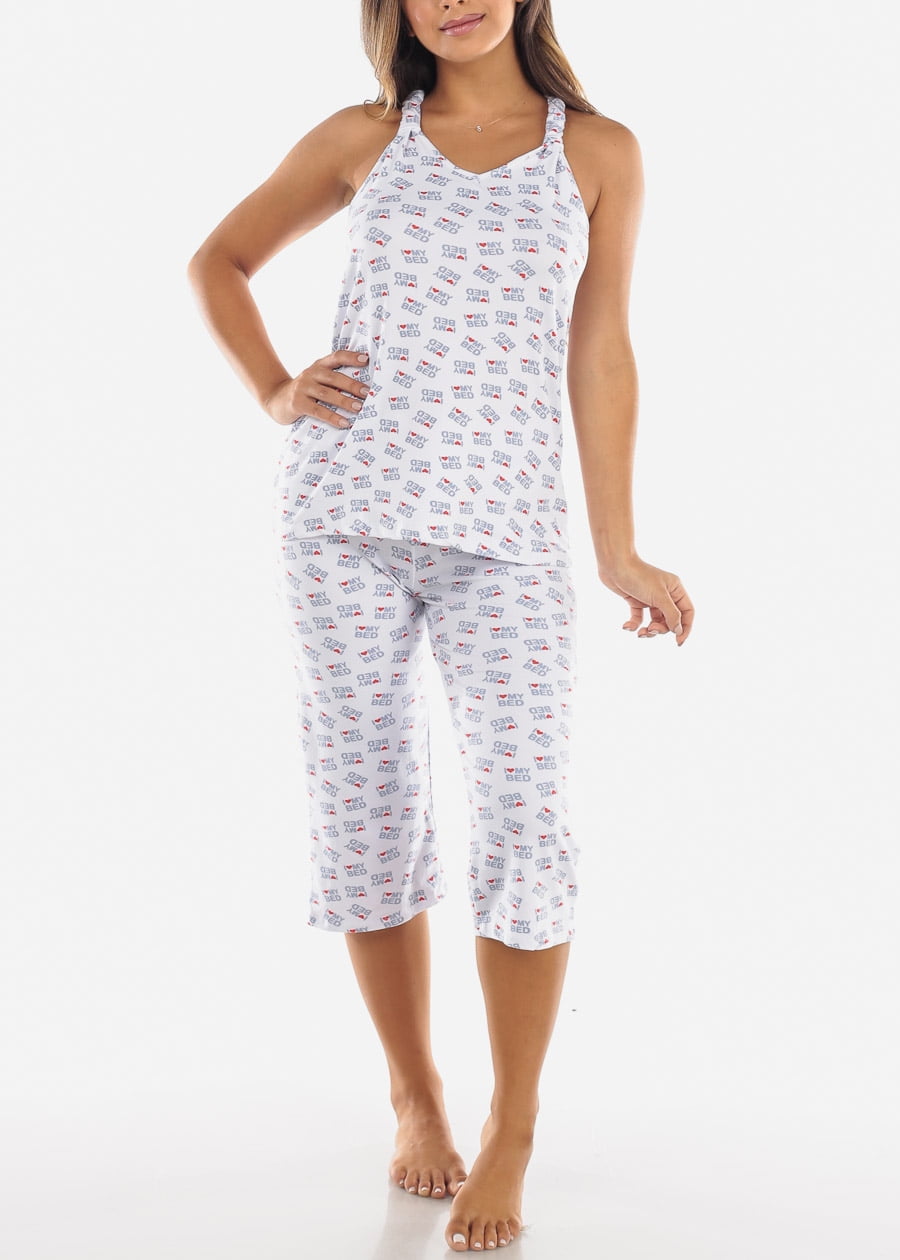 Moda Xpress Womens 2Piece Pajama Set Sleeveless Tank Top & Capris Shorts Black and Pink PJ